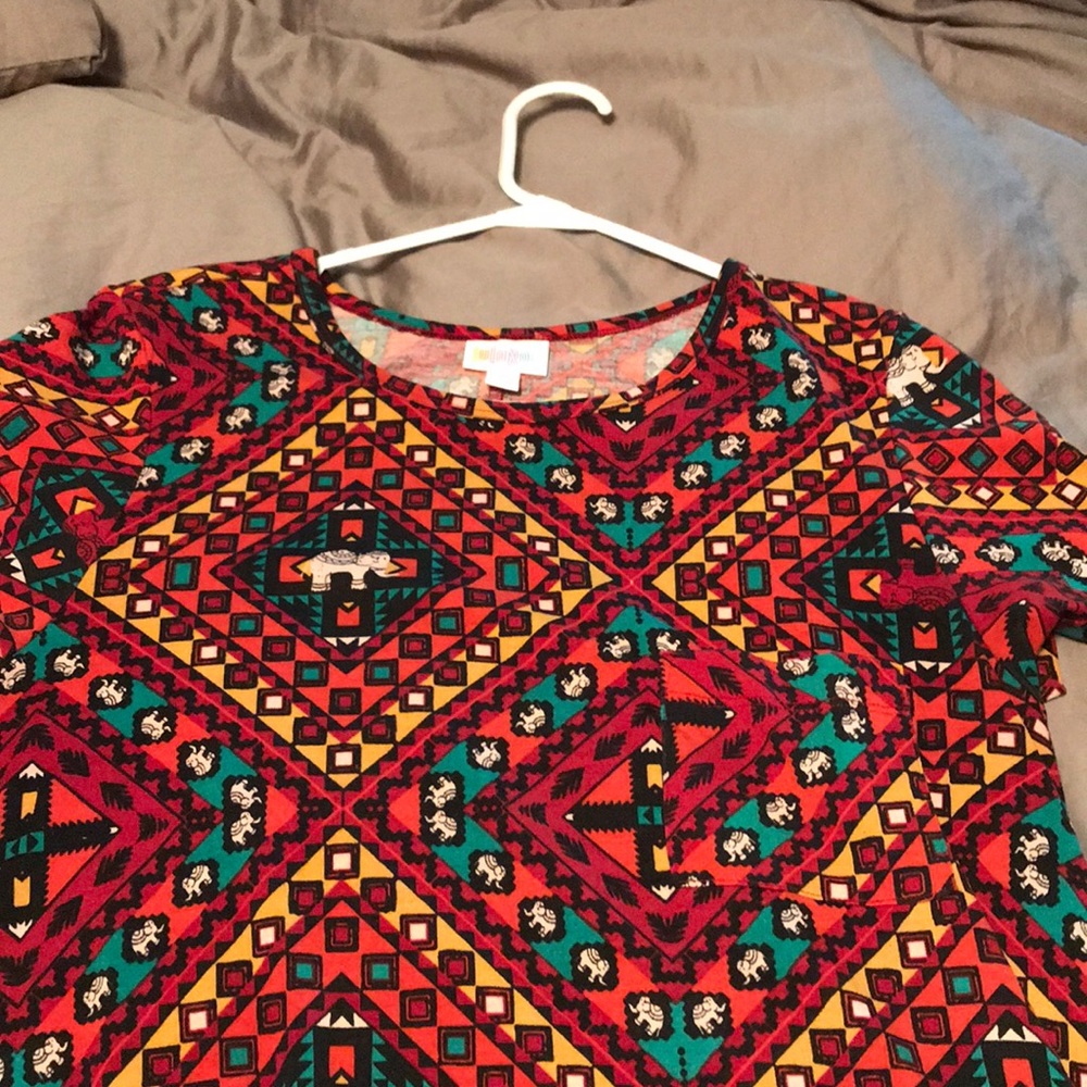 LuLaRoe High Low Dress in Red and Teal Geometric Pattern